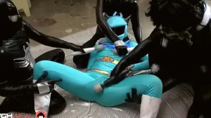 Japanese girl in blue space uniform has group sex with sex toys uncensored.